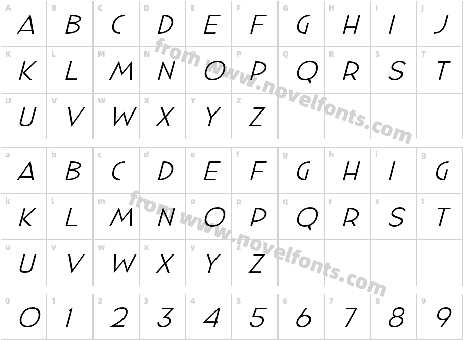 Minzeeca Extra Light SlantedCharacter Map