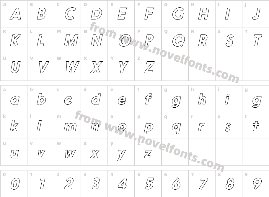 Nanami Outline Regular ObliqueCharacter Map