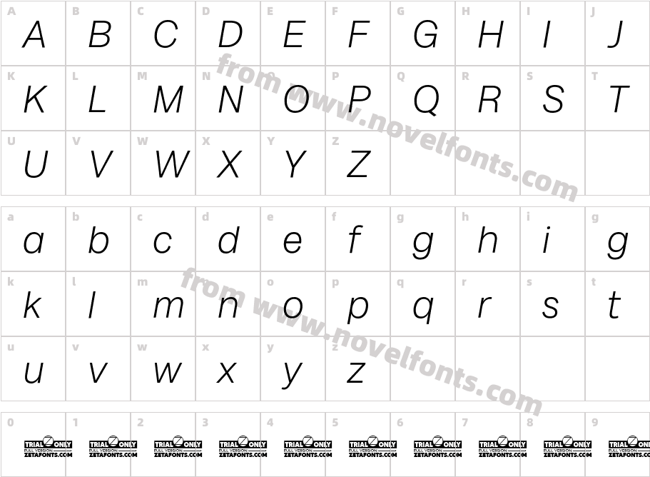 Milligram Trial Light ItalicCharacter Map