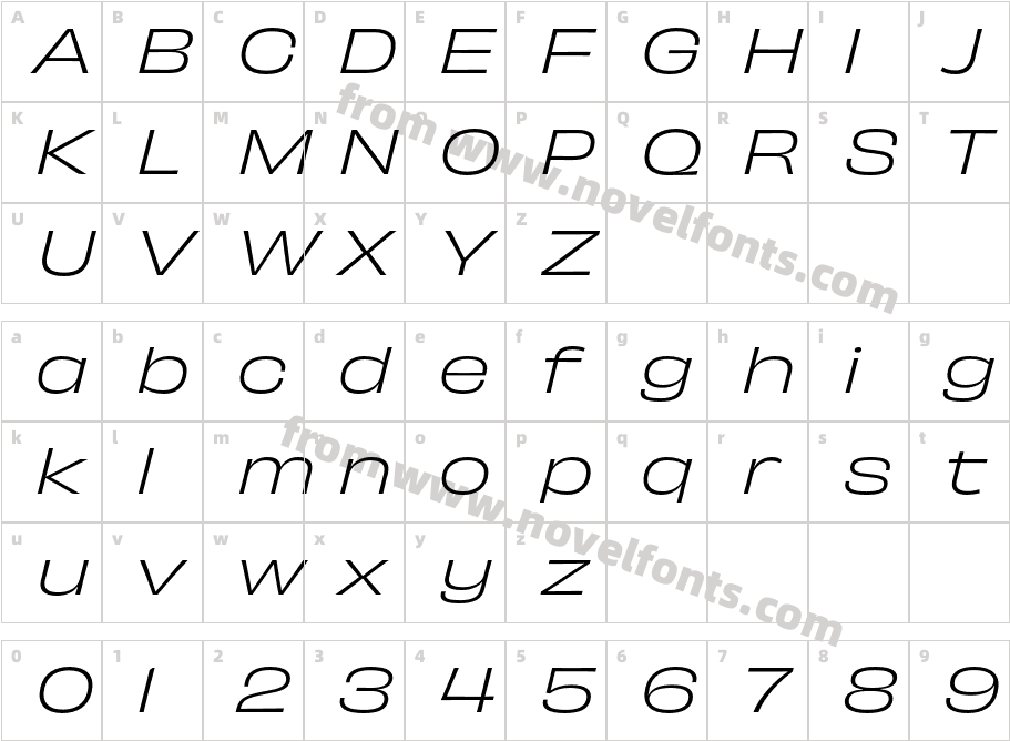 Obviously Wide Lght ItalicCharacter Map