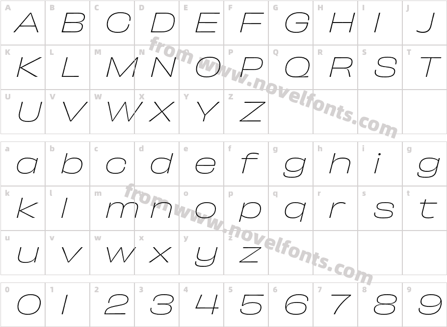 Obviously Wide Thin ItalicCharacter Map