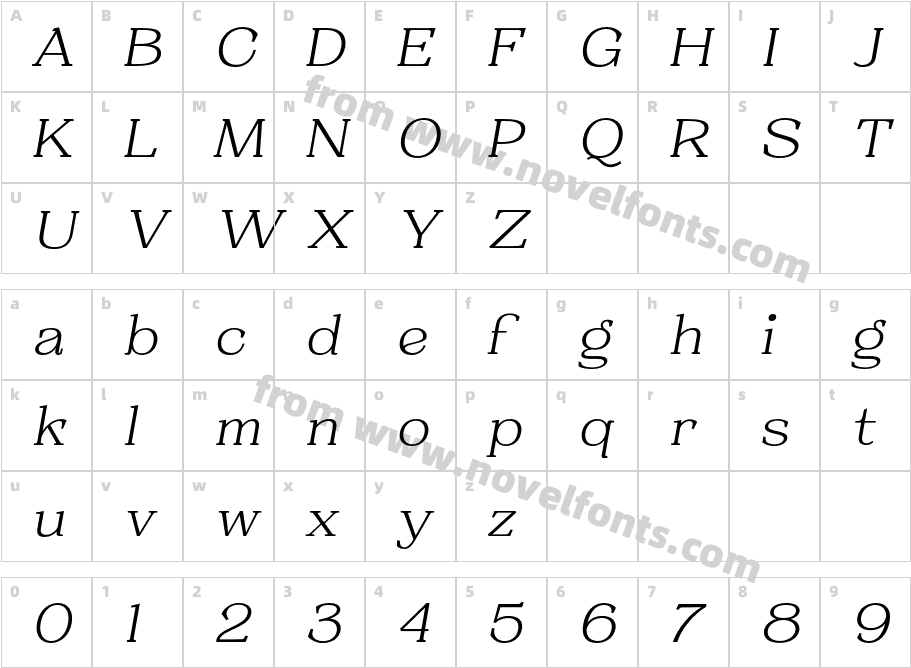 Resgak Extra Light ItalicCharacter Map