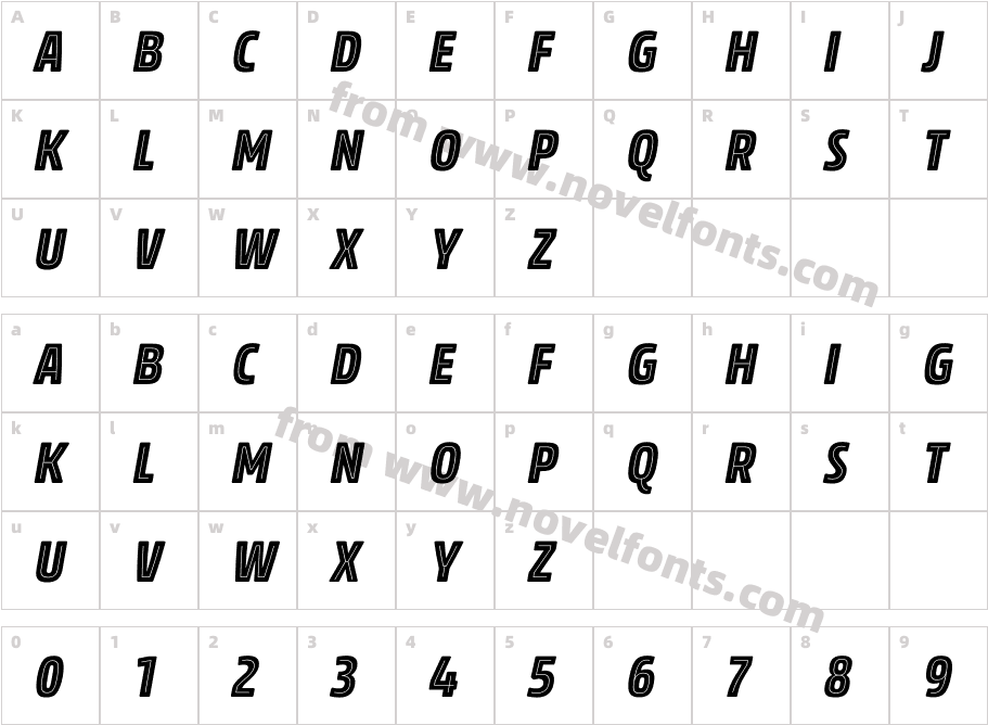 Rockeby Condensed Inline One ItalicCharacter Map