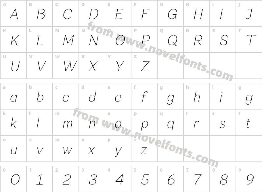 Rossanova Text Thin ItalicCharacter Map