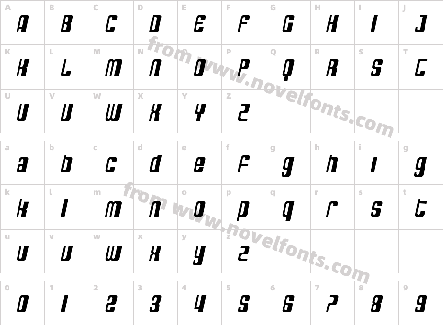 SF Deco Techno Condensed ObliqueCharacter Map