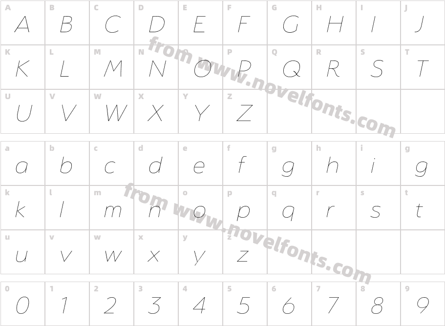 Serenity Thin ItalicCharacter Map