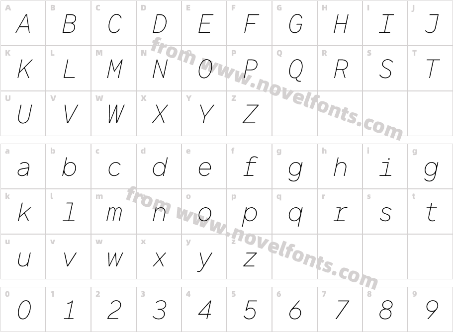 TT Norms Pro Mono Thin ItalicCharacter Map