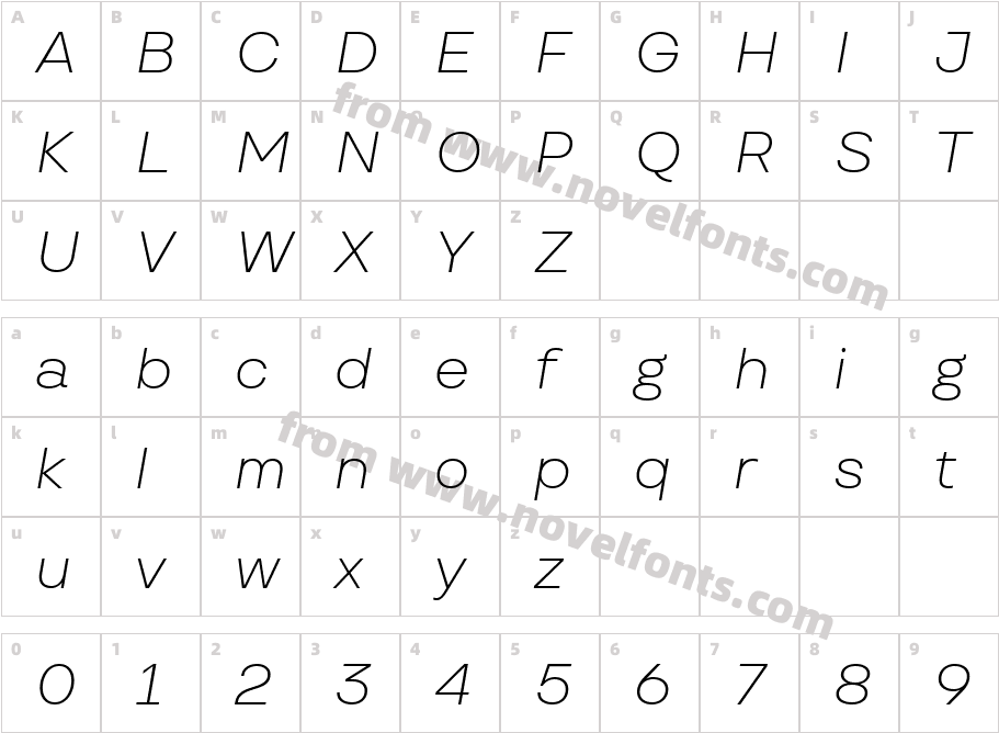 TT Travels Text Trial ExtraLight ItalicCharacter Map