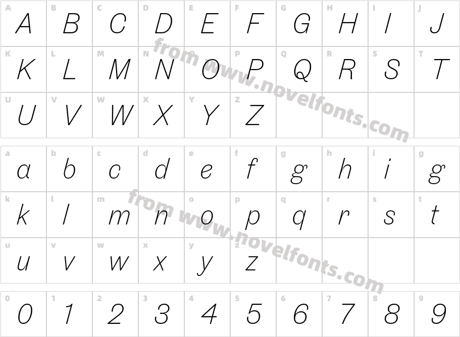 Touvlo Extra Light ItalicCharacter Map