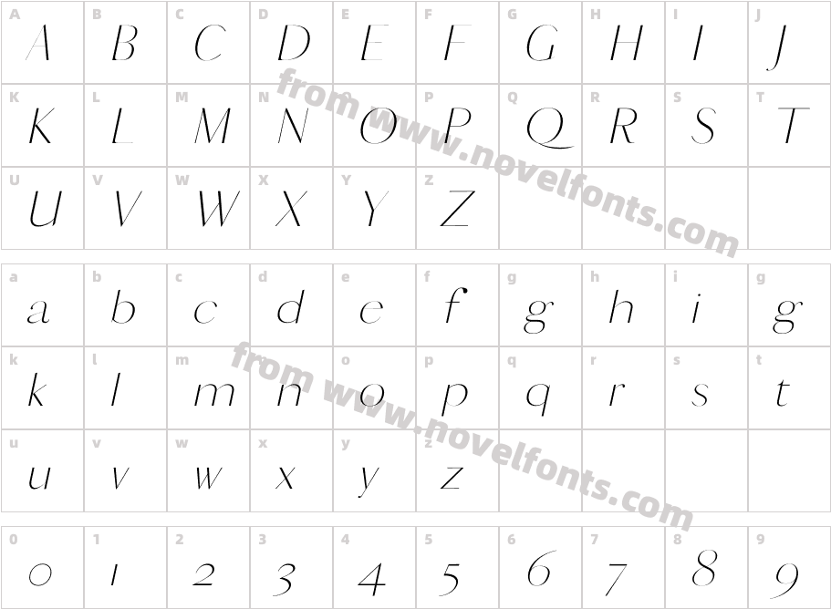 VOGUISH Thin ItalicCharacter Map