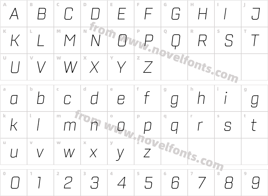 VTF Justina GEO Extra Light ItCharacter Map