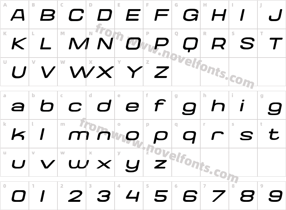 Valonik Extra Light SlantedCharacter Map