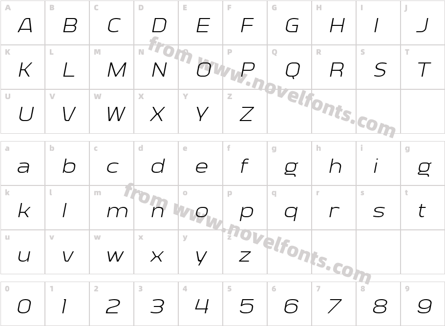 Vogie Light Expanded ItalicCharacter Map