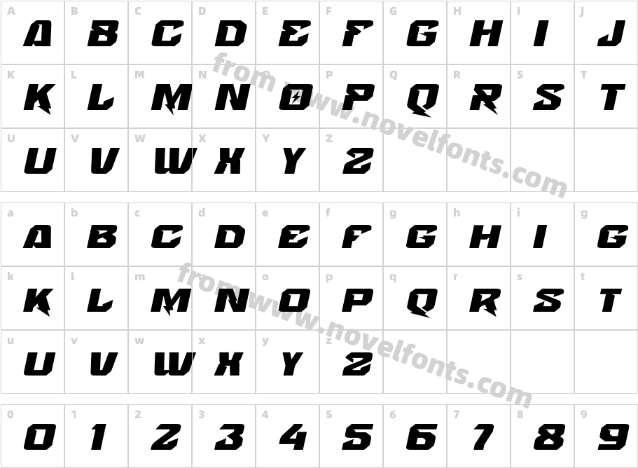 Voltstrom Oblique Extra BoldCharacter Map