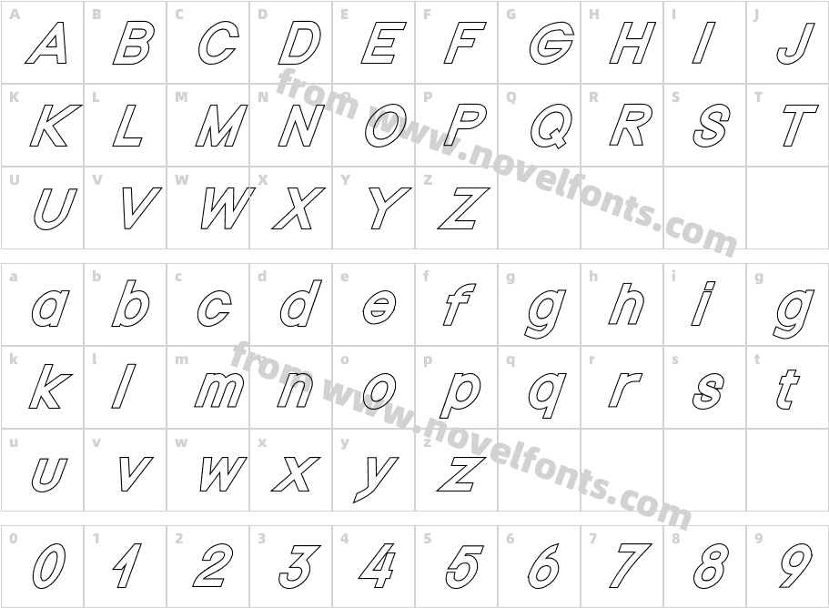 Nordica Classic Regular Oblique OutlineCharacter Map