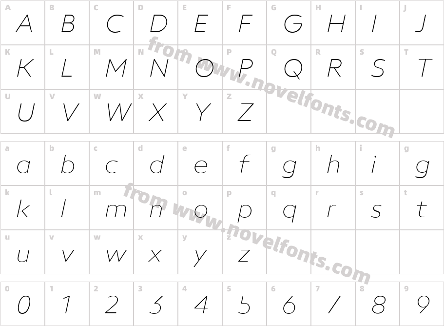 neue Radial A Thin ItalicCharacter Map