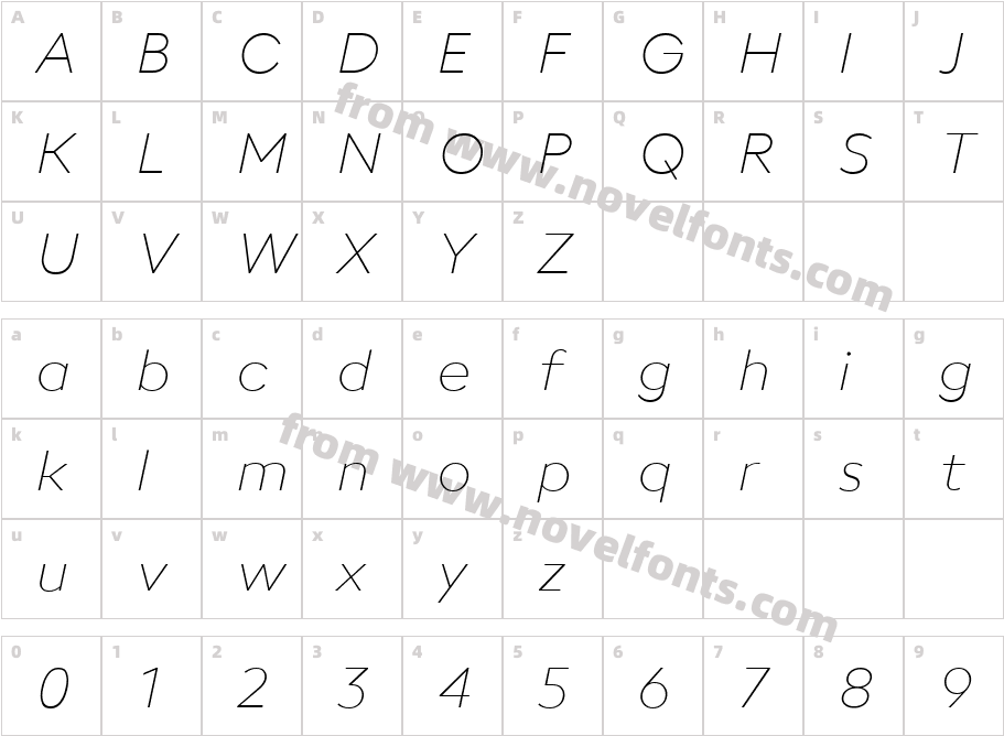 neue Radial B Thin ItalicCharacter Map