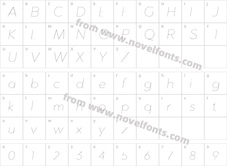 Abrade Italic Extra ThinCharacter Map