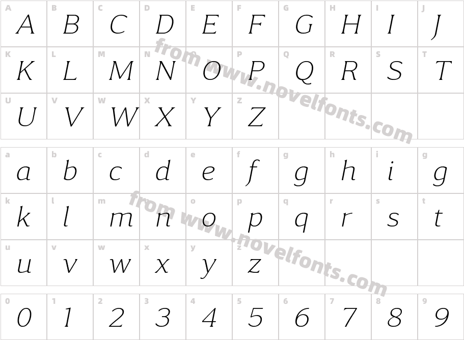 Accia Piano Extra Light ItalicCharacter Map