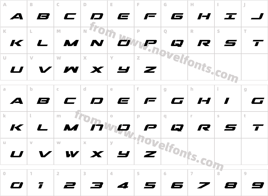 Outrider Condensed Bold ItalicCharacter Map