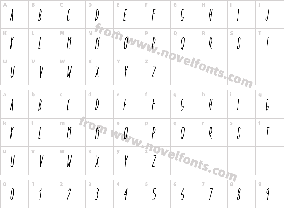 Aracne Ultra Condensed Regular ItalicCharacter Map