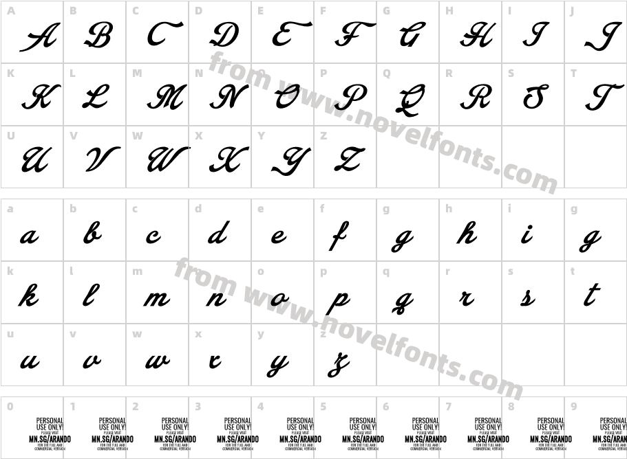 Arando Script PERSONAL USE Bold ItalicCharacter Map