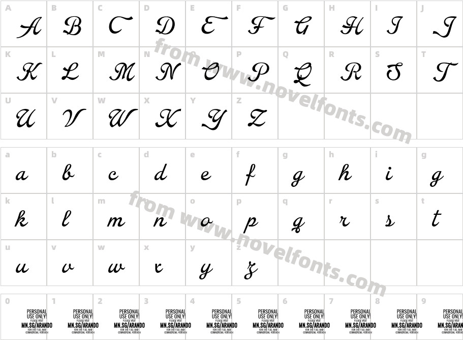 Arando Script PERSONAL USE RegularCharacter Map