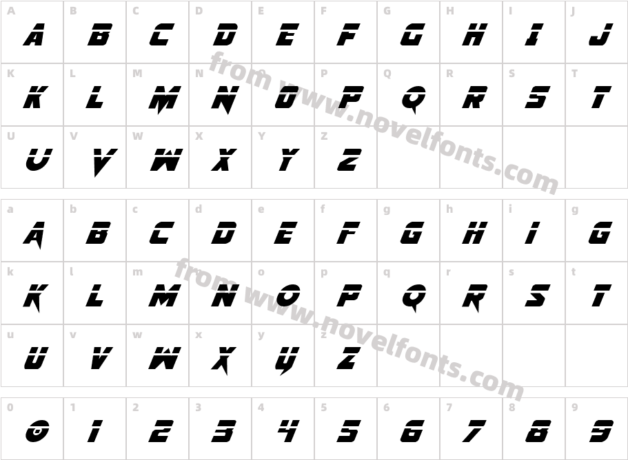 Pistoleer Laser ItalicCharacter Map