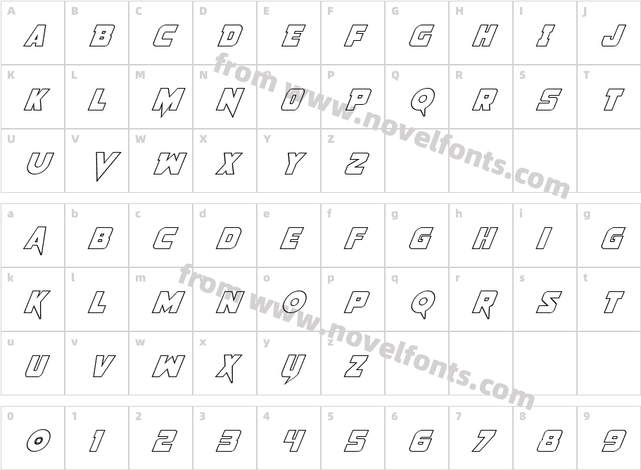 Pistoleer Outline ItalicCharacter Map