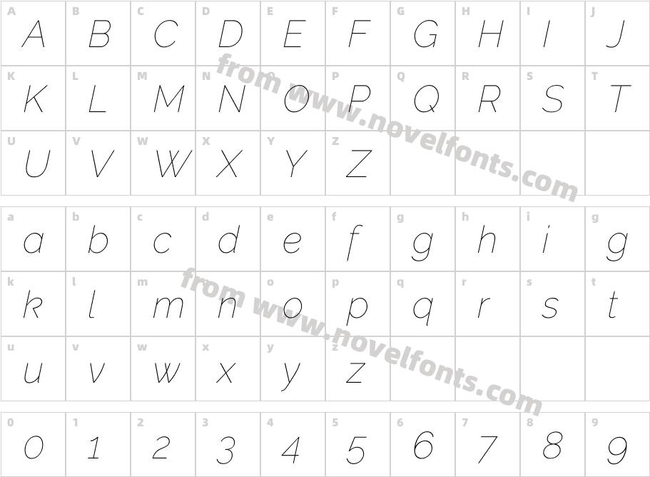 Raleway Thin ItalicCharacter Map