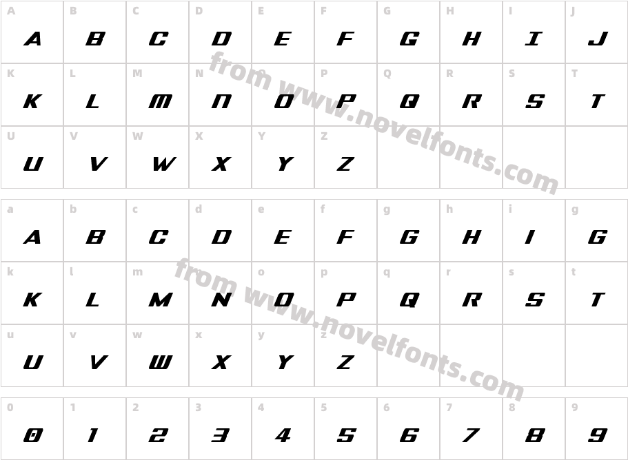 Tigershark Extra Condensed ItalicCharacter Map