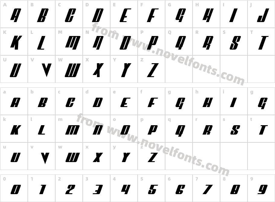 Vindicator Expanded ItalicCharacter Map