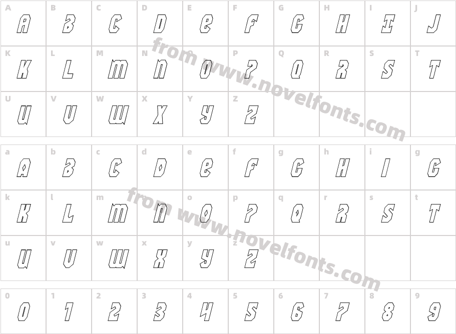 Warrior Nation Outline ItalicCharacter Map