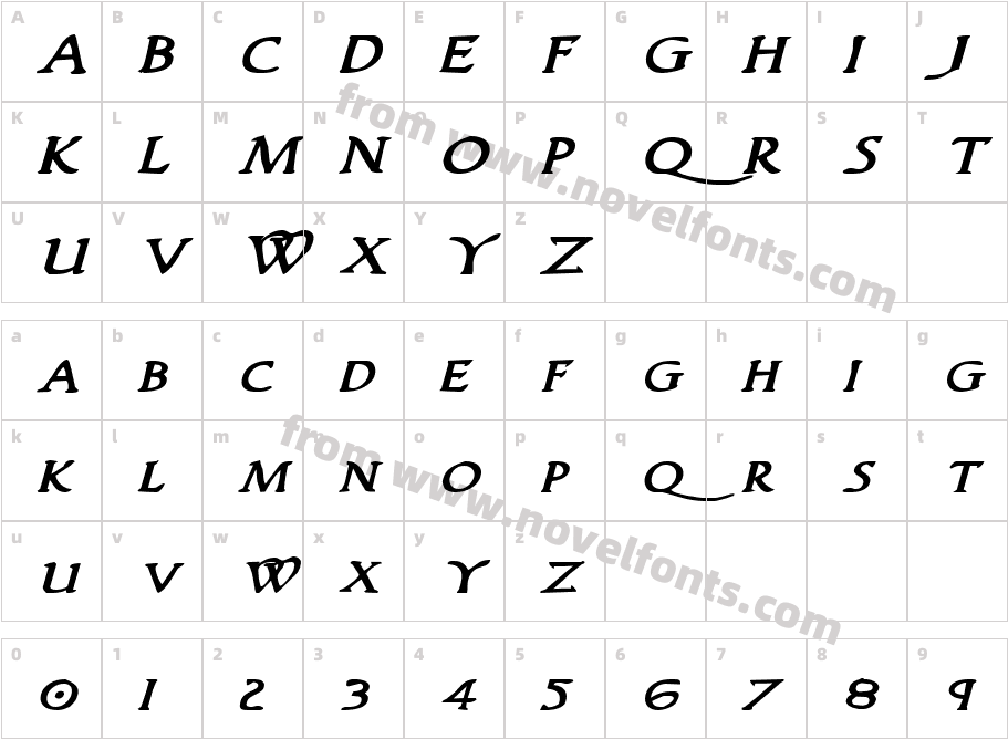 Woodgod Bold Expanded ItalicCharacter Map