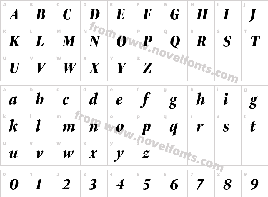 Bennet Display Extra Condensed Black ItalicCharacter Map