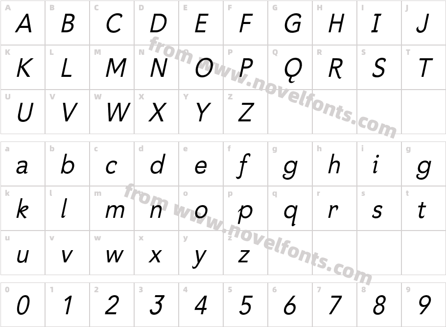 BawdyItalicCharacter Map