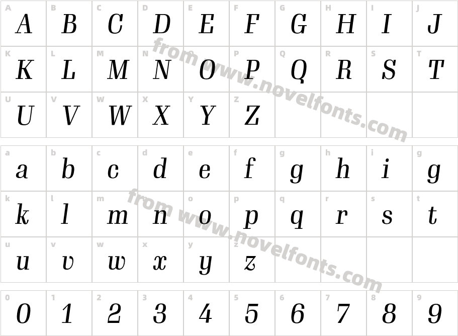 Gimlet Display Narrow ItalicCharacter Map