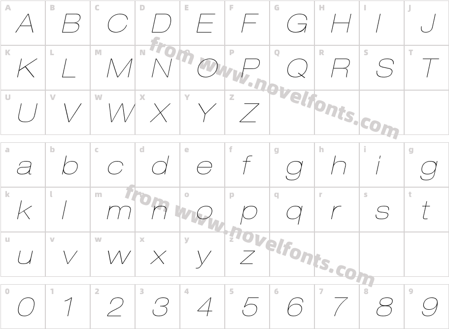 Helvetica23 Extended Ultra Light ObliqueCharacter Map