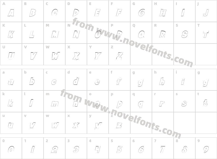 Jiffy Outline ItalicSWFTECharacter Map