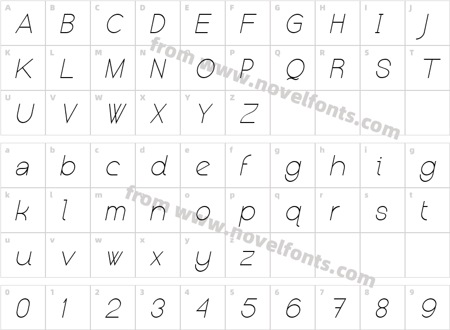 Kerater Ultra Light ItalicCharacter Map