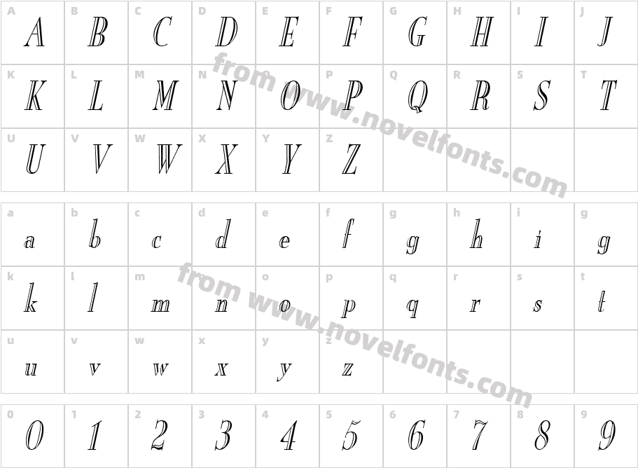 New England Engraved Condensed ItalicCharacter Map