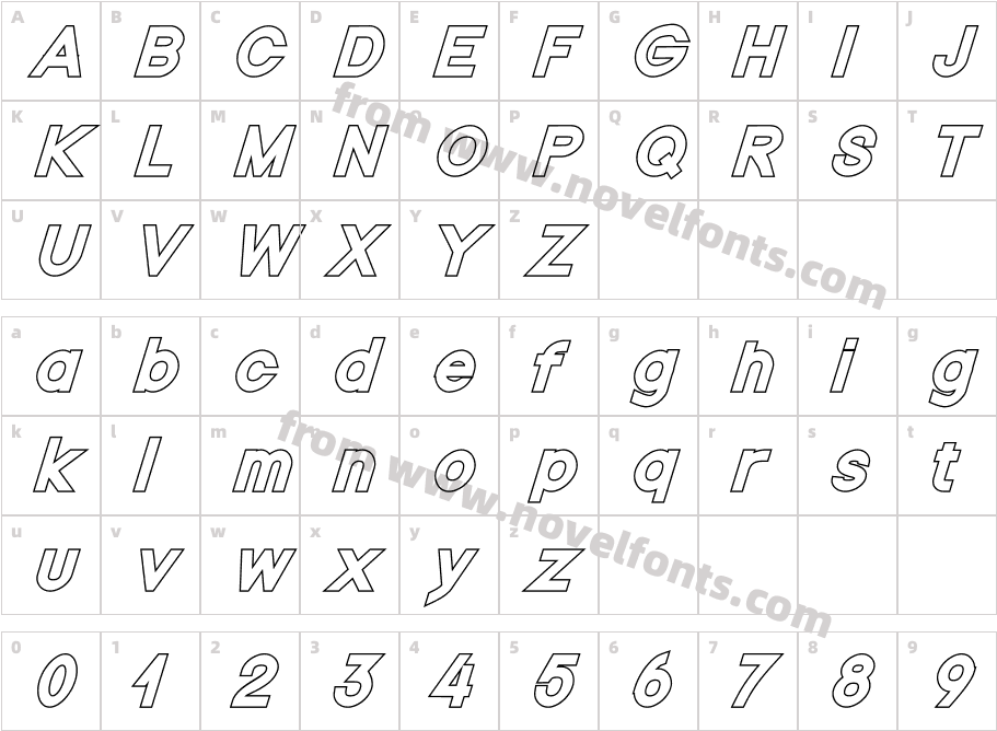 Nordica Classic Black Oblique OutlineCharacter Map