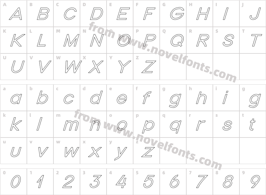 Nordica Classic Light Extended Oblique OutlineCharacter Map