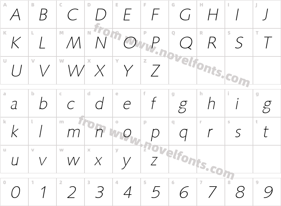 Roger Becker Extra Light ItalicCharacter Map