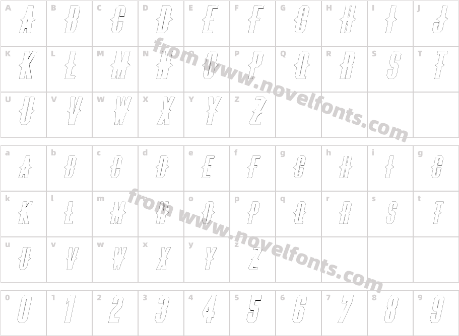 Thorns Extended Outline ObliqueSWFTECharacter Map