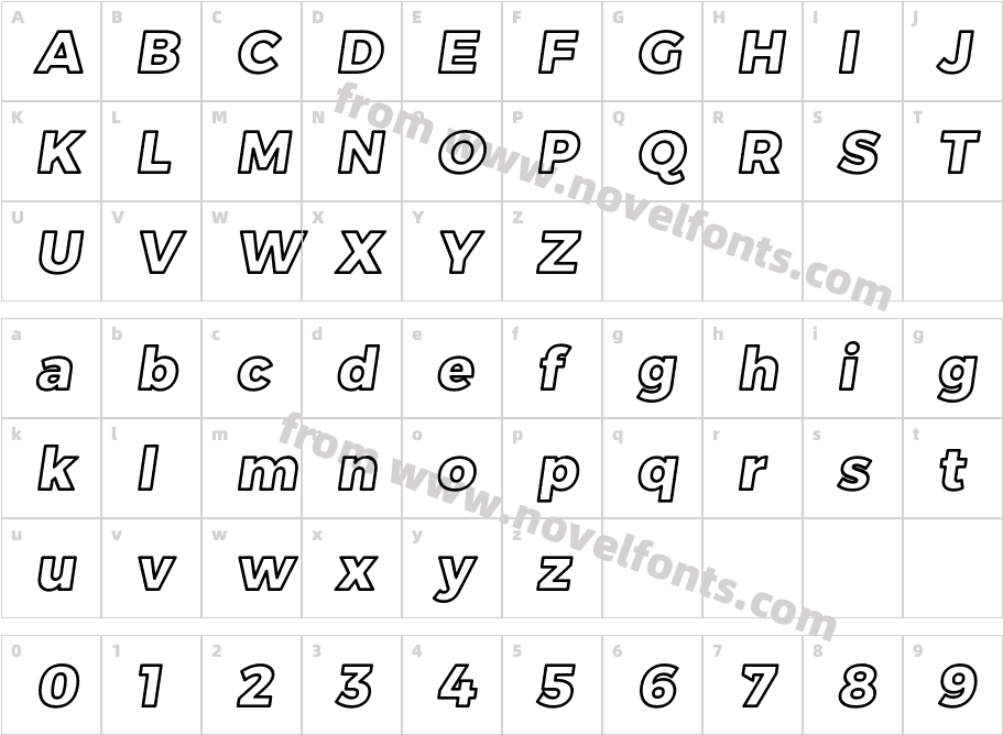 Trueno Extra Bold Outline ItalicCharacter Map