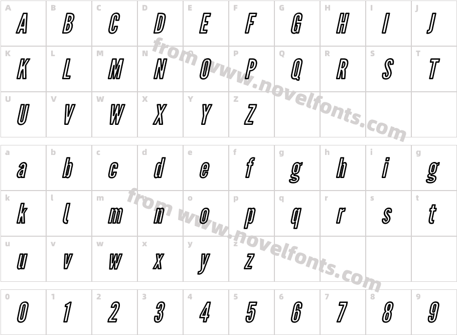 Warsaw Gothic Outline ObliqueCharacter Map