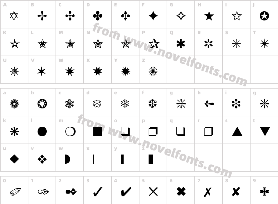 Zingbats RegularSWFTECharacter Map