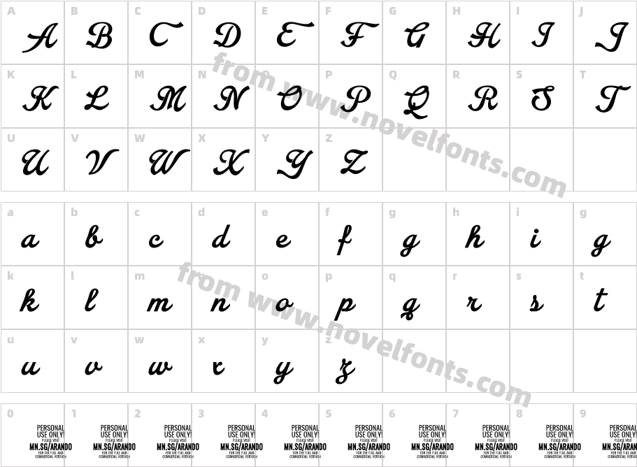 Arando Script PERSONAL USE BoldCharacter Map