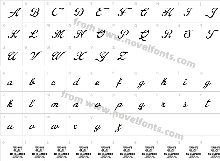 Arando Script PERSONAL USE ItalicCharacter Map